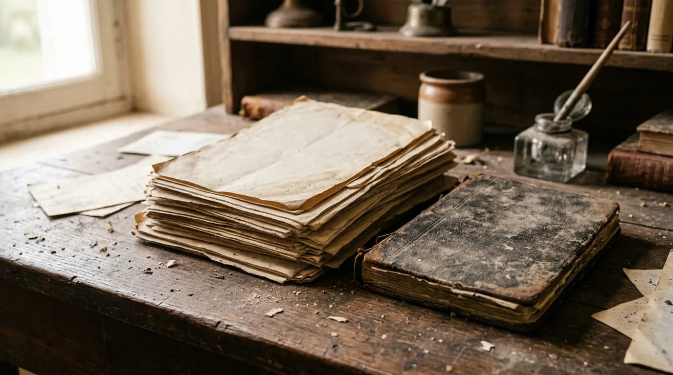 Une pile de vieux relevés bancaires et un carnet de contrat d'assurance-vie poussiéreux, éclairés par une lumière douce, symbolisant une épargne oubliée depuis des années