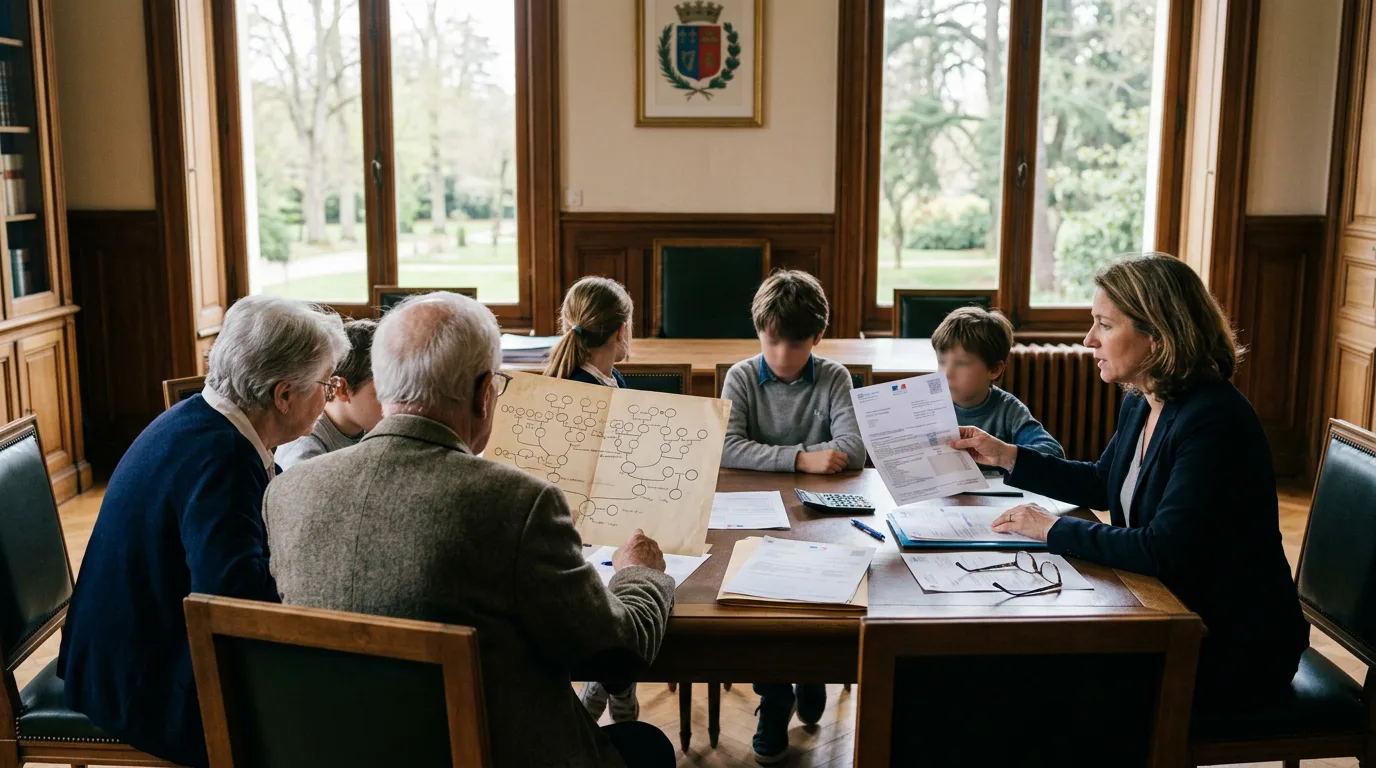 Grands-parents, un parent et des petits-enfants représentés schématiquement autour d'un arbre généalogique et d'un document fiscal, dans un cadre sobre et institutionnel