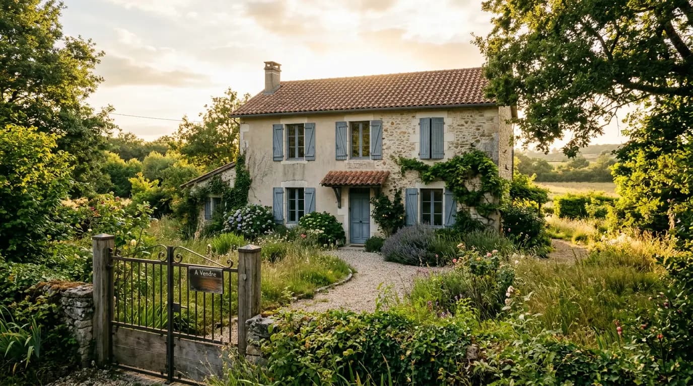 Une maison en pierre aux volets bleus, entourée d'un jardin en fin d'après-midi, avec un panneau à vendre accroché au portail