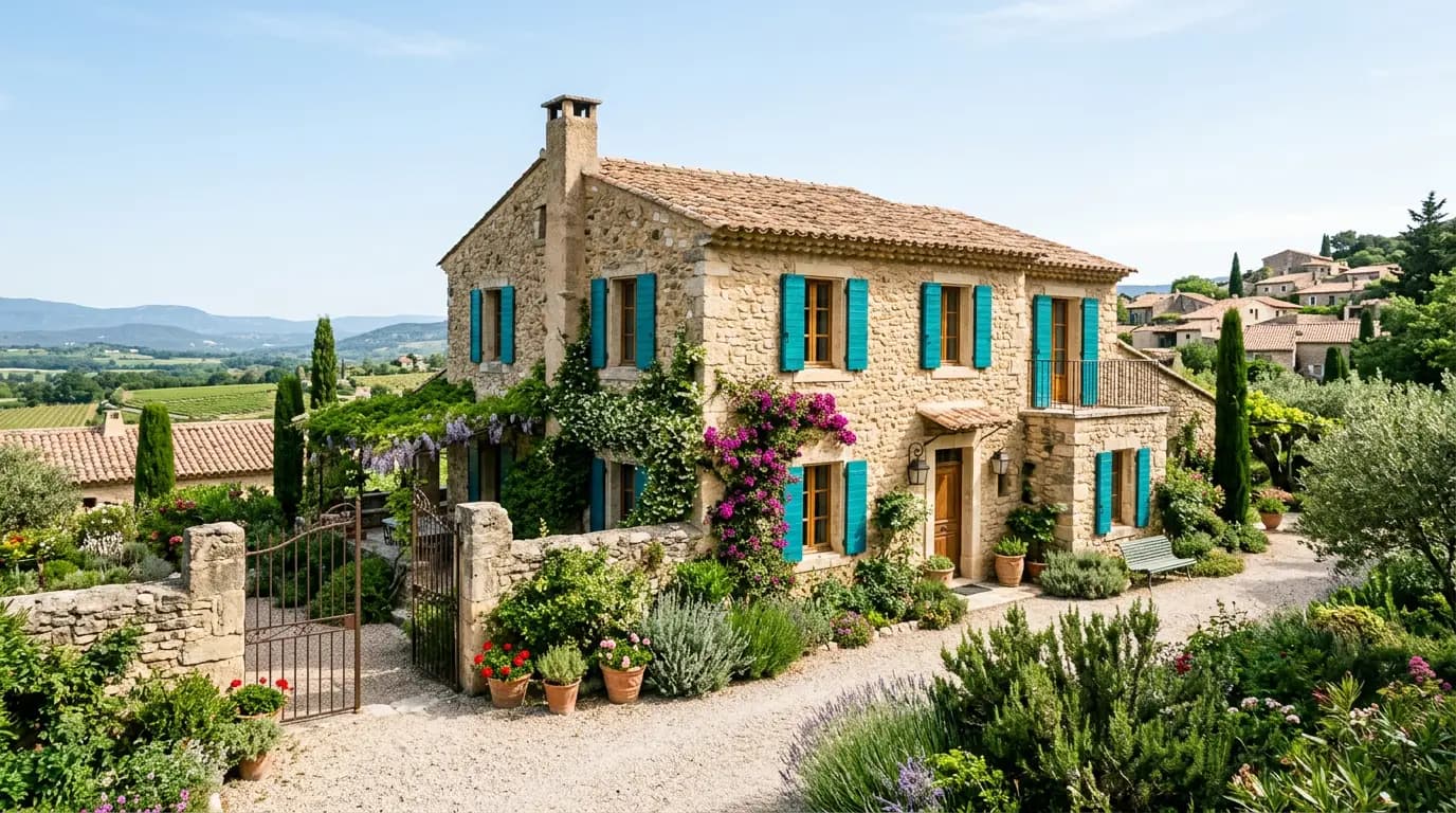 Maison avec volets colorés à l'étranger, bien immobilier hérité mis en vente