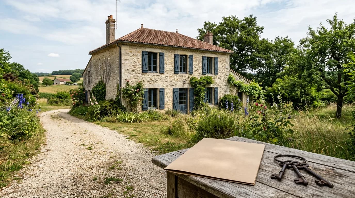 Une maison familiale fermée, dossier de succession posé sur une table de notaire